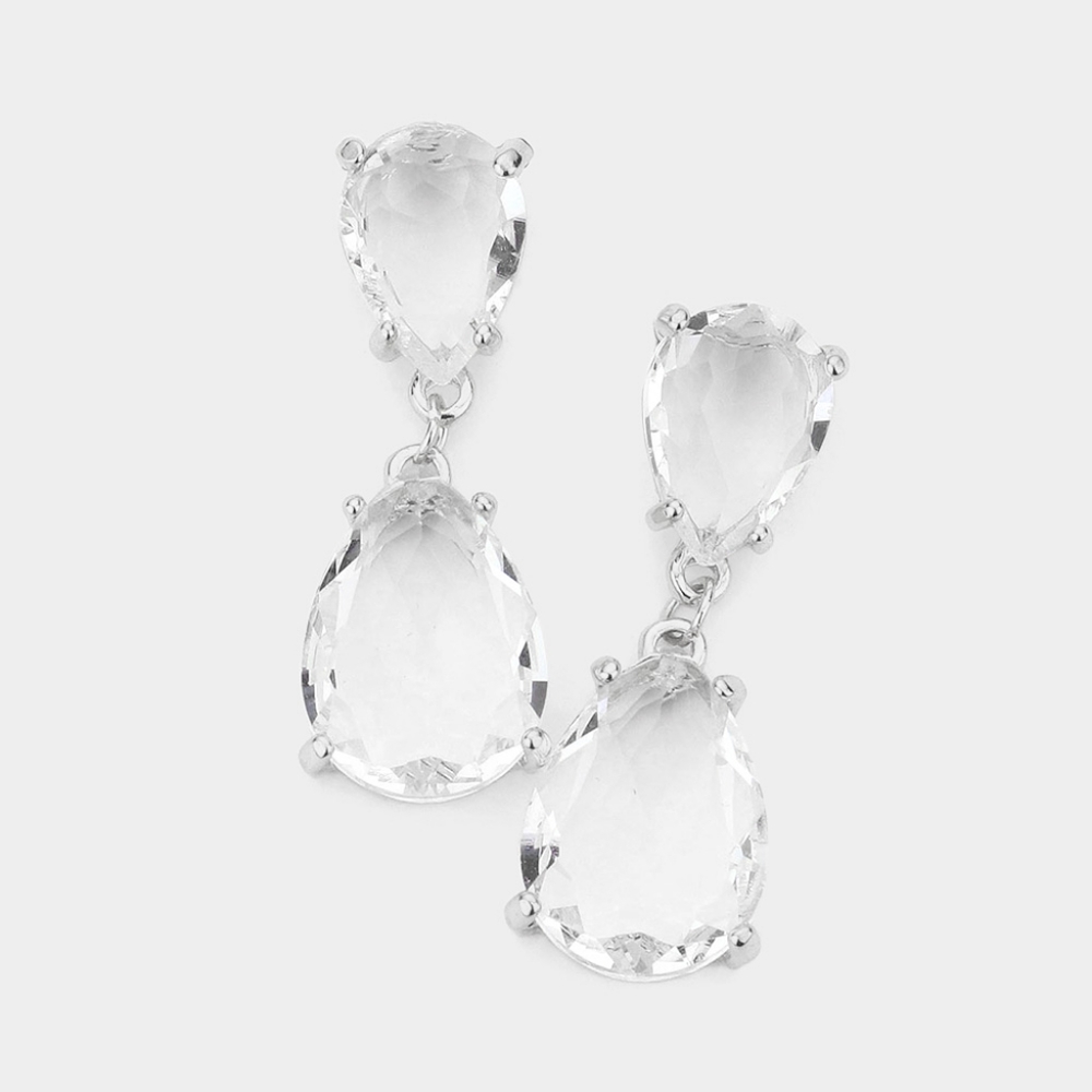 Silver Clear Dangle Crystal Teardrop Earrings 1.4 Inch Evening Drop Link Womens